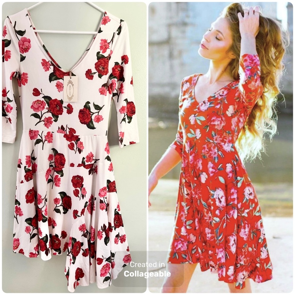 Joyfolie White and Red rose print Fit and Flare asymmetrical Mini Dress NWT S